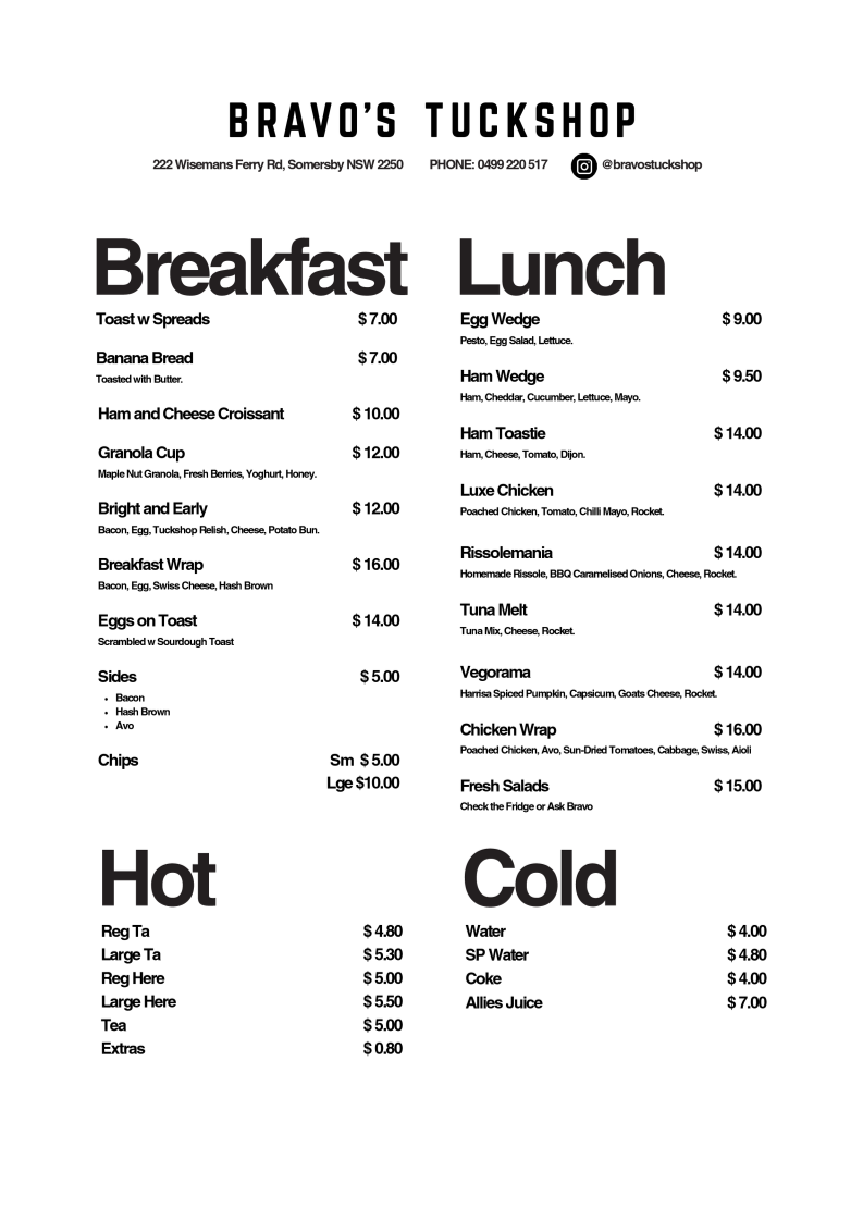 Bravo’s Tuckshop | 222 Wisemans Ferry Rd, Somersby NSW 2250, Australia | Phone: 0499 220 517