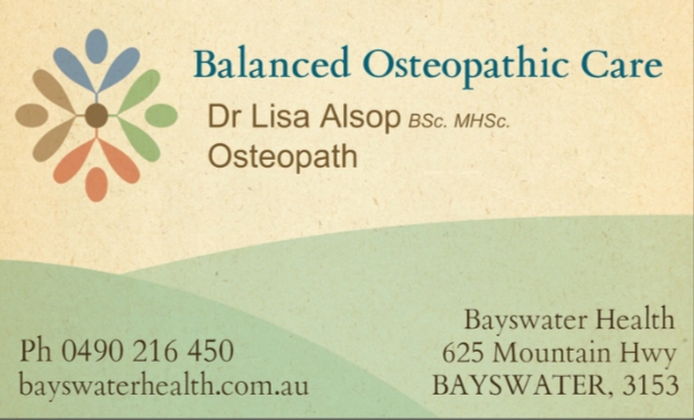 Balanced Osteopathic Care, Lisa Alsop (Osteopath) | health | 625 Mountain Hwy, Bayswater VIC 3153, Australia | 0490216450 OR +61 490 216 450