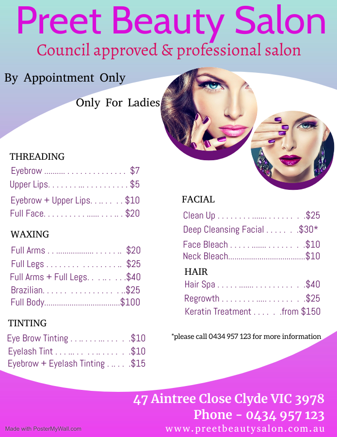 Preet Beauty Salon | beauty salon | 47 Aintree Cl, Clyde VIC 3978, Australia | 0434957123 OR +61 434 957 123