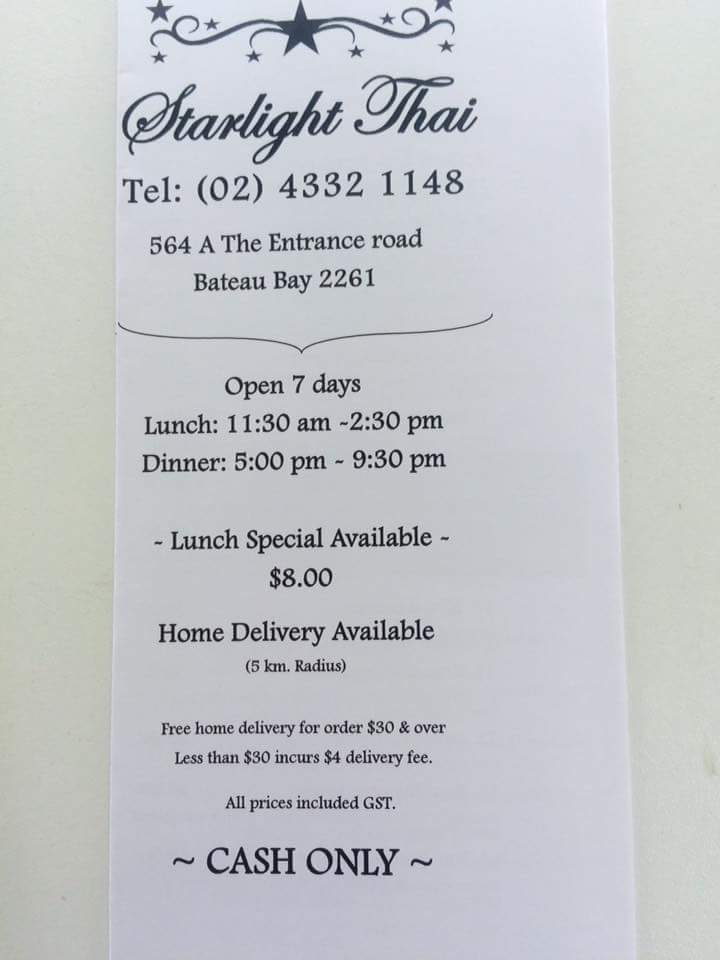 Star Light Thai | meal takeaway | 564A The Entrance Rd, Bateau Bay NSW 2261, Australia | 0243321148 OR +61 2 4332 1148