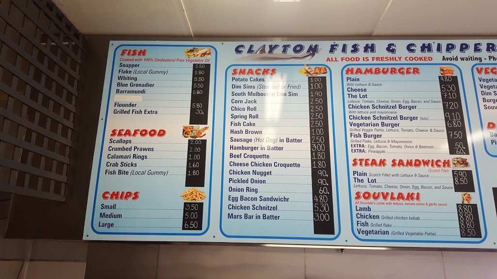 Clayton Fish & Chips | meal takeaway | 1302 Centre Rd, Clayton VIC 3168, Australia | 0395449398 OR +61 3 9544 9398