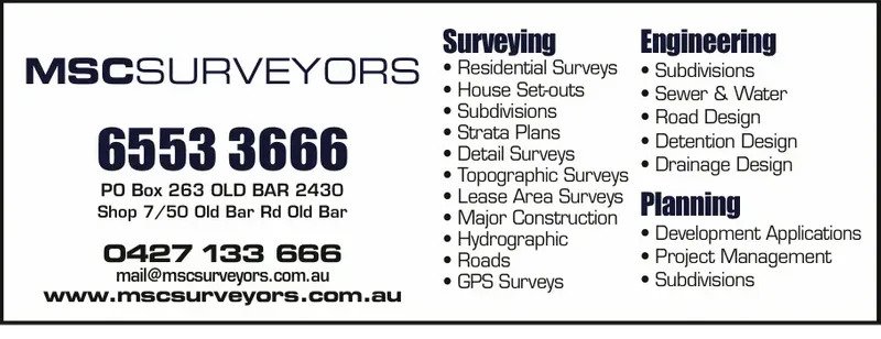 MSC Surveyors | local government office | 7/50 Old Bar Rd, Old Bar NSW 2430, Australia | 0265533666 OR +61 2 6553 3666