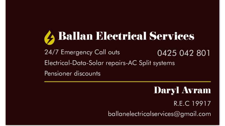 Ballan Electrical Services | electrician | 317 Mahers Ln, Mount Egerton VIC 3352, Australia | 0425042801 OR +61 425 042 801