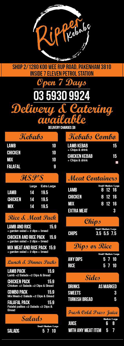 Ripper Kebabs | restaurant | Inside 7 Eleven Petrol Station, Shop 2/1280 Koo Wee Rup Rd, Pakenham VIC 3810, Australia | 0359309924 OR +61 3 5930 9924