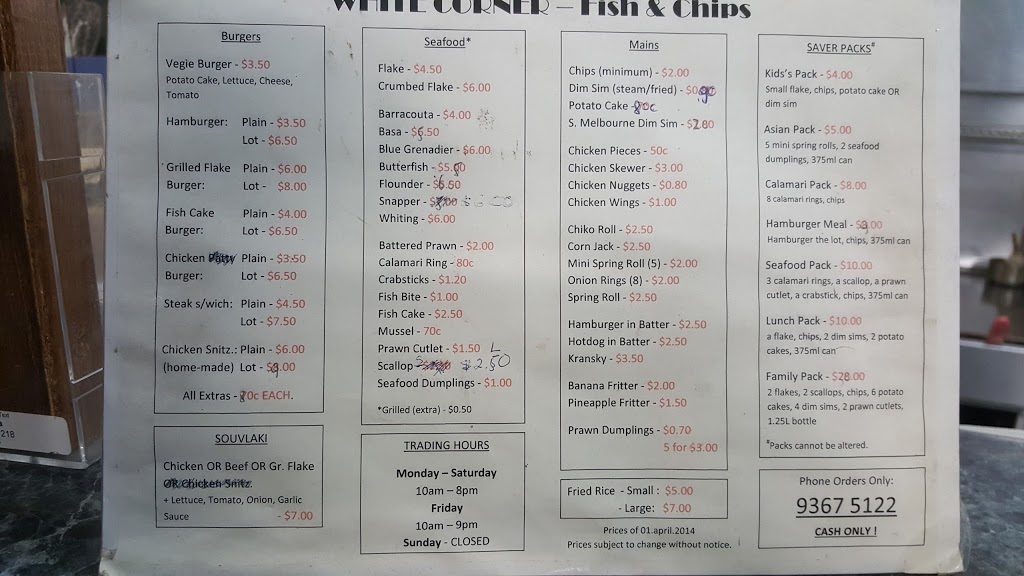White Corner Fish & Chips | restaurant | 206 Main Rd E, East St Albans VIC 3021, Australia | 0393675122 OR +61 3 9367 5122
