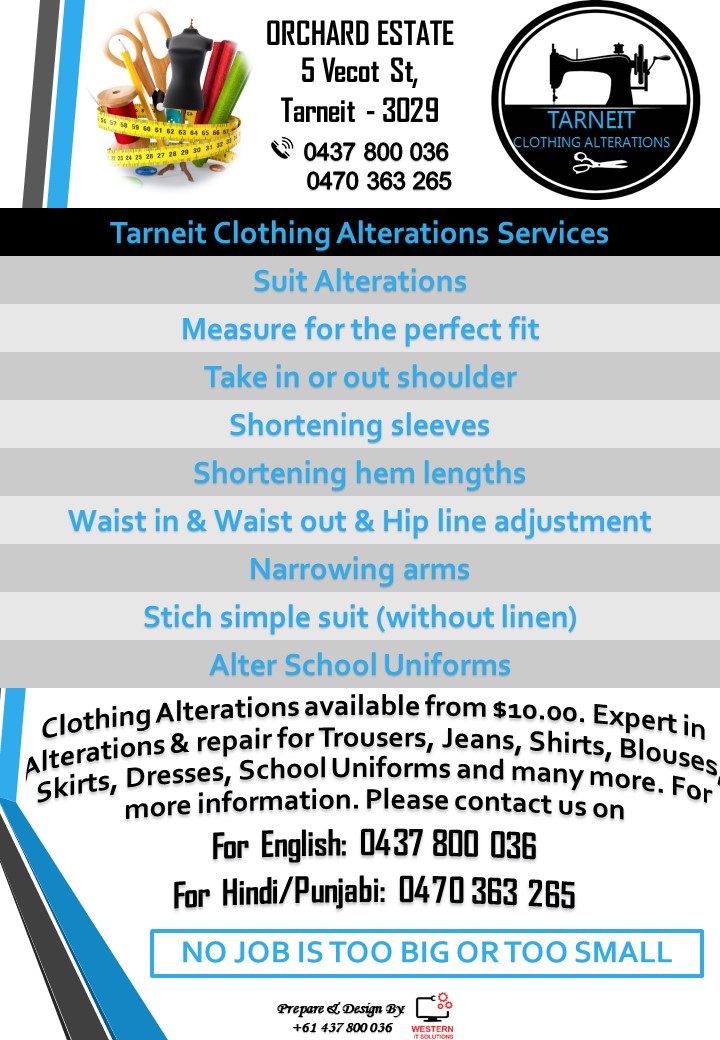 Tarneit Clothing Alterations |  | 5 Vecot St, Tarneit VIC 3029, Australia | 0437800036 OR +61 437 800 036