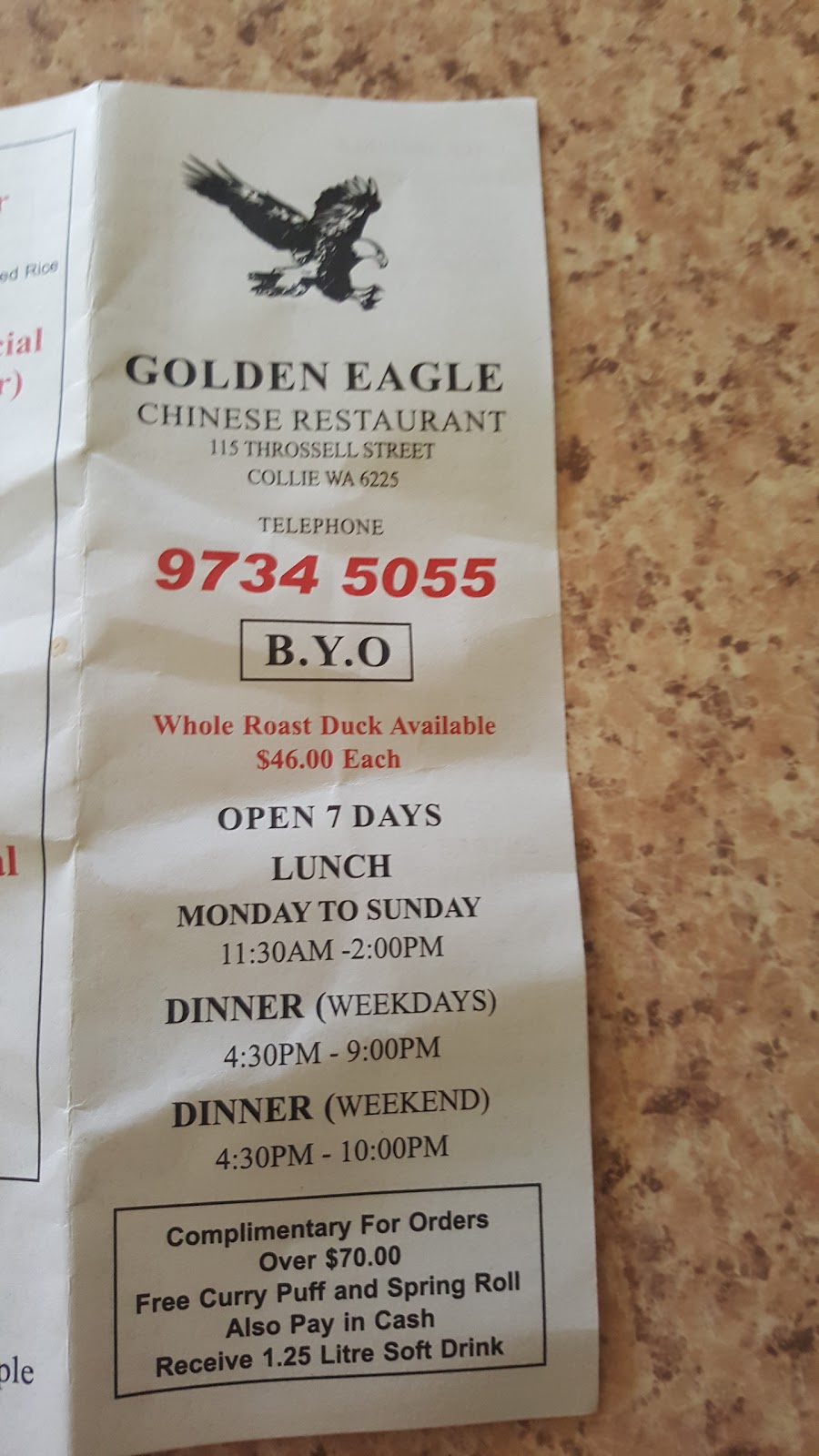 Golden Eagle | restaurant | 115 Throssell St, Collie WA 6225, Australia | 0897345055 OR +61 8 9734 5055
