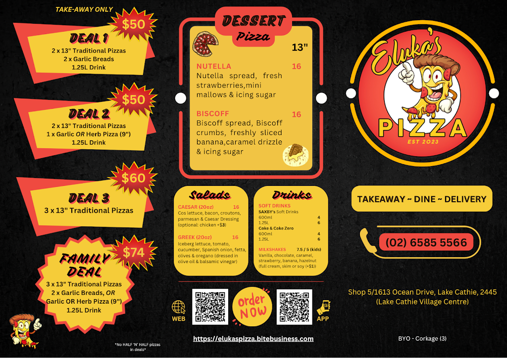 Elukas Pizza | 1613 Ocean Dr, Lake Cathie NSW 2445, Australia | Phone: (02) 6585 5566