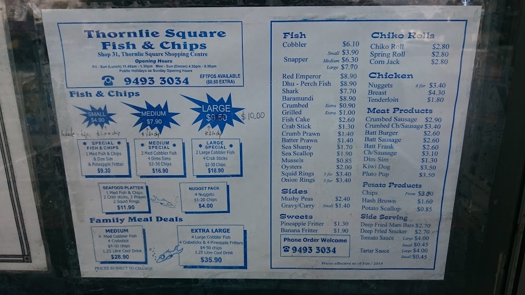 Thornlie Square Fish & Chips | restaurant | 31/31 Thornlie Ave, Thornlie WA 6108, Australia | 0894933034 OR +61 8 9493 3034