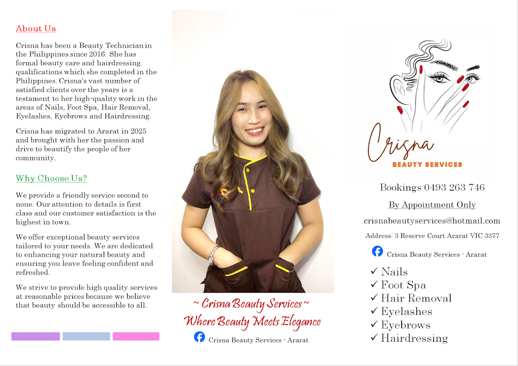 Crisna Beauty Services - Ararat | 3 Reserve Court, Ararat VIC 3377, Australia | Phone: 0493 263 746