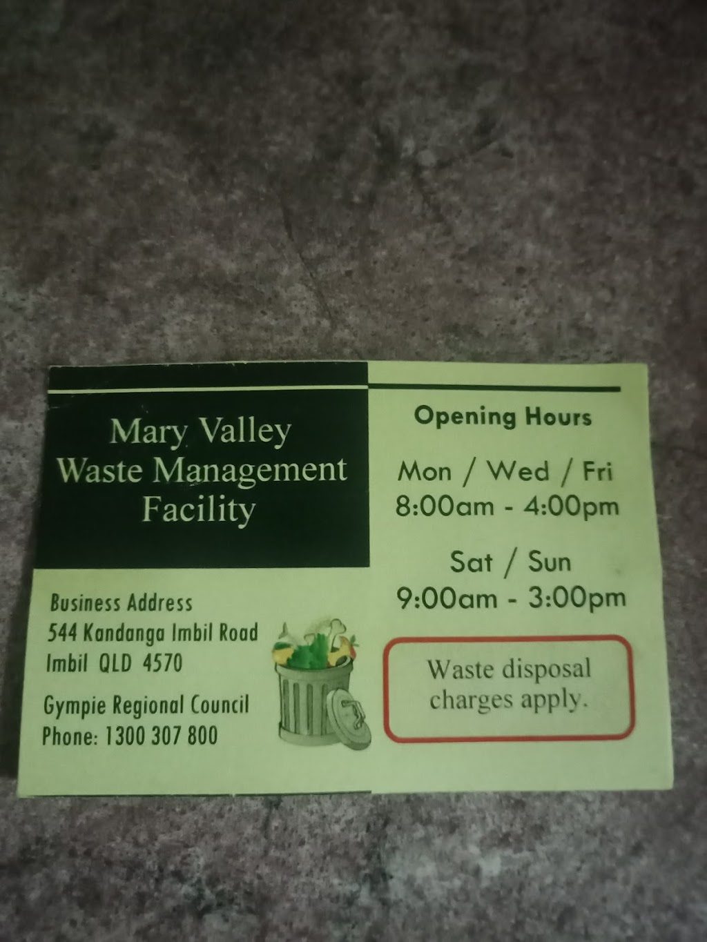 Mary Valley Waste Management Facility |  | 544 Kandanga Imbil Rd, Imbil QLD 4570, Australia | 1300307800 OR +61 1300 307 800