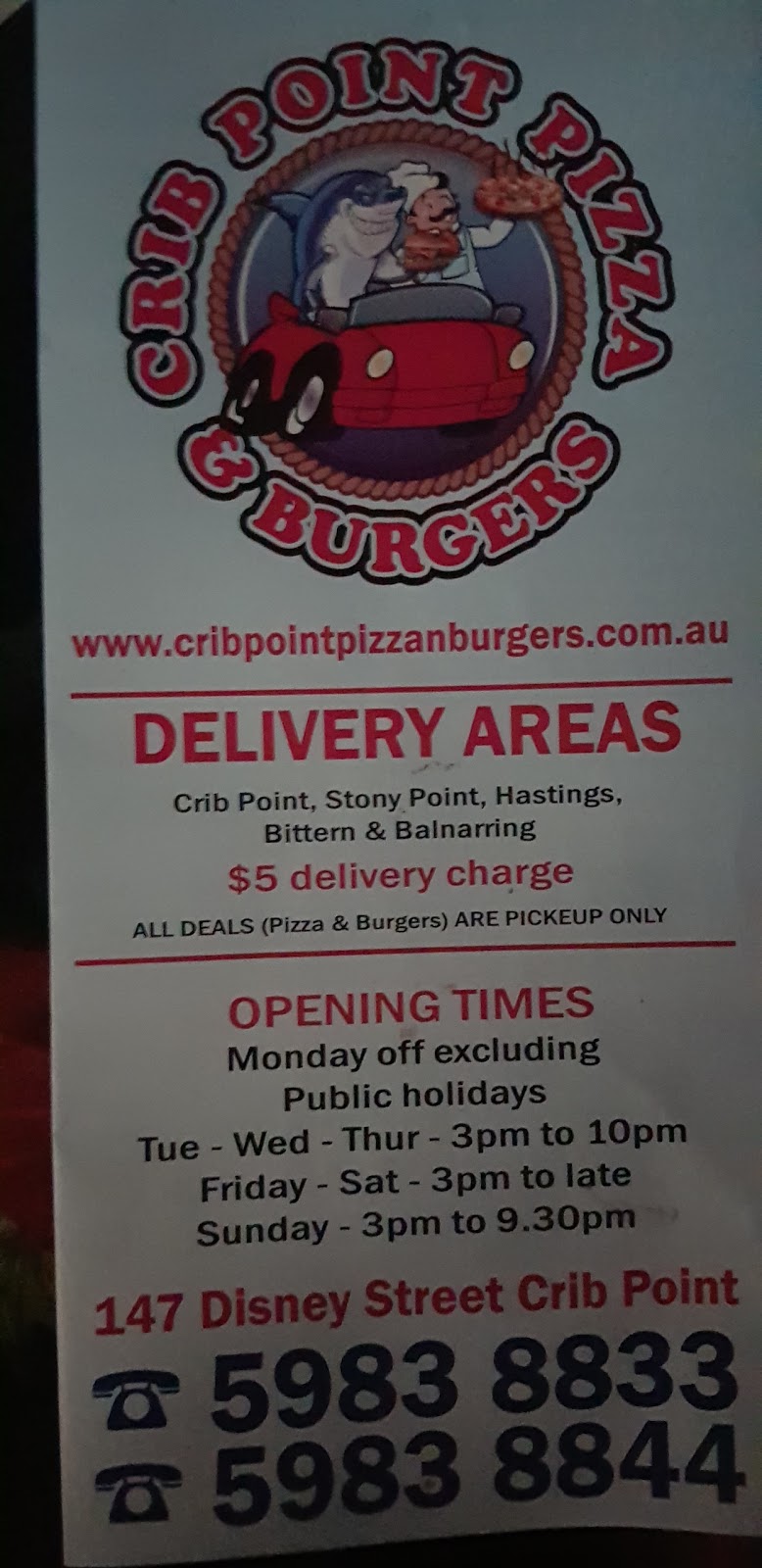 Crib Point Pizza, Burgers & Fish n Chips. | restaurant | 147 Disney St, Crib Point VIC 3919, Australia | 0359838833 OR +61 3 5983 8833