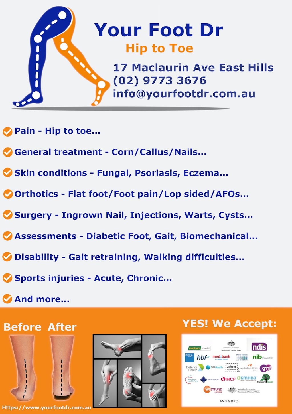Your Foot Dr - Hip to Toe | 17 Maclaurin Ave, East Hills NSW 2213, Australia | Phone: (02) 9773 3676