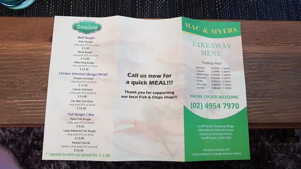 Mac & Myers Takeaway | meal takeaway | Cardiff South NSW 2285, Australia | 0249547970 OR +61 2 4954 7970