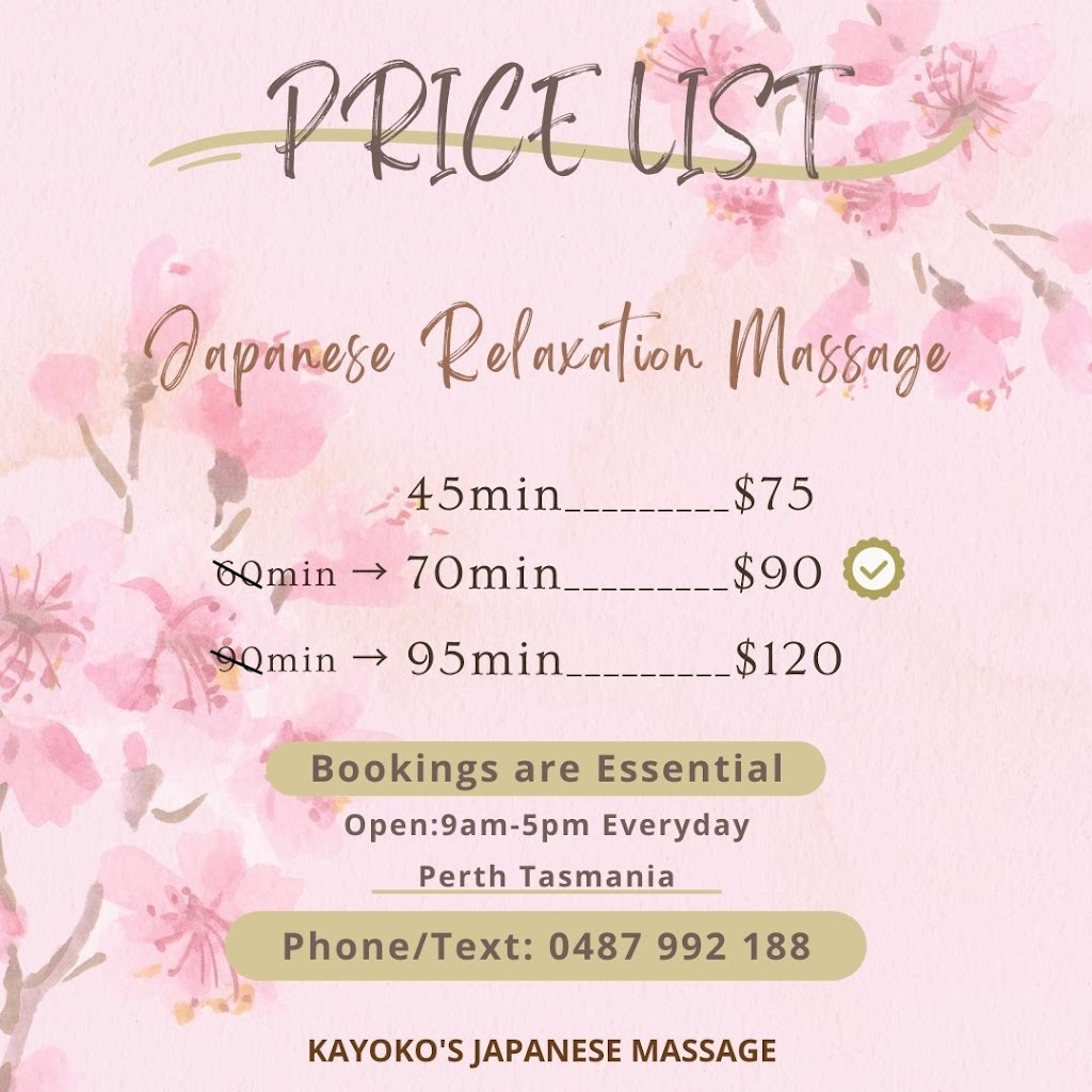 Kayokos Japanese Massage | 1A Old Punt Rd, Perth TAS 7300, Australia | Phone: 0487 992 188