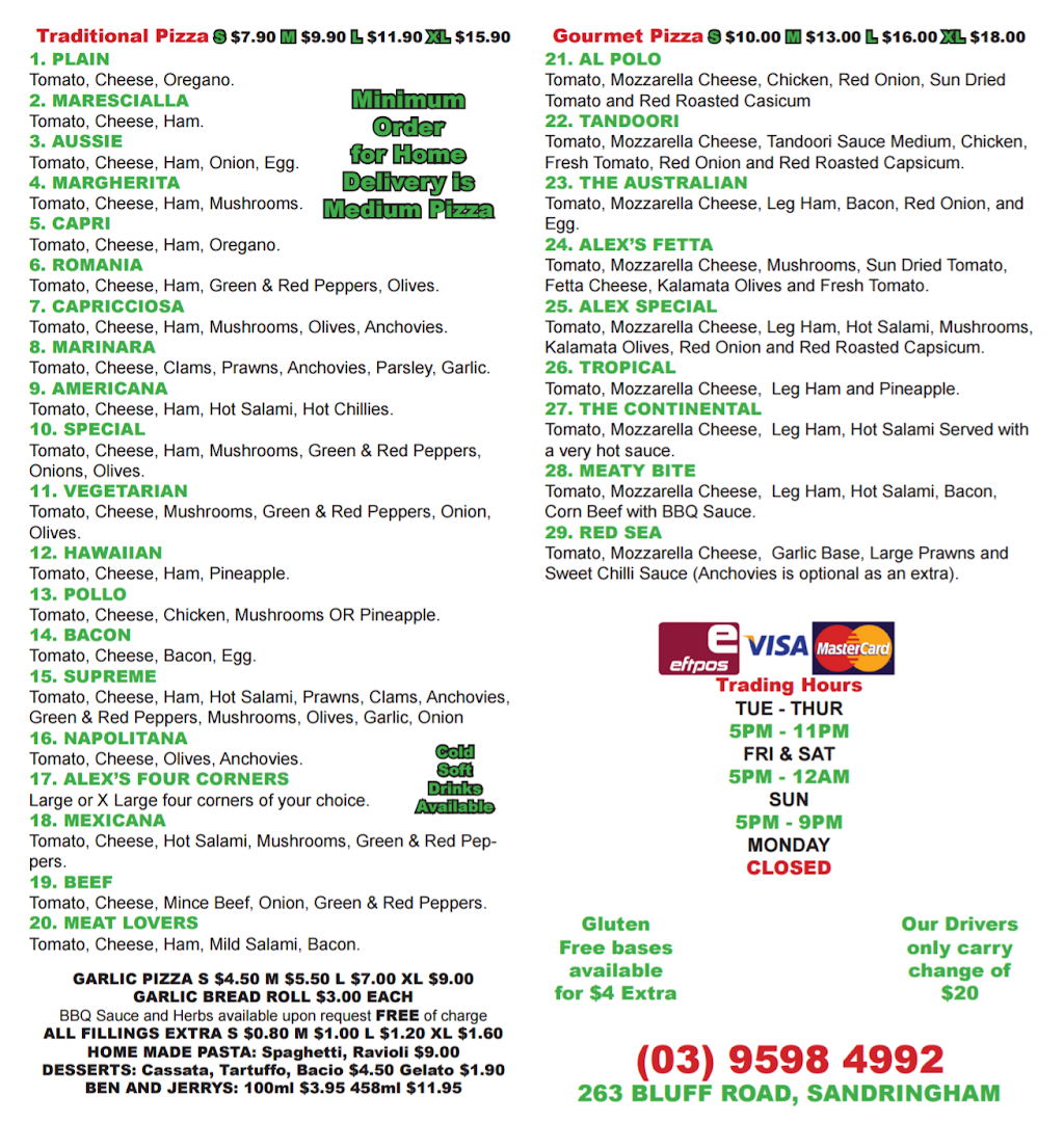 Alexs Pizza Bar | meal takeaway | 263 Bluff Rd, Sandringham VIC 3191, Australia | 0395984992 OR +61 3 9598 4992