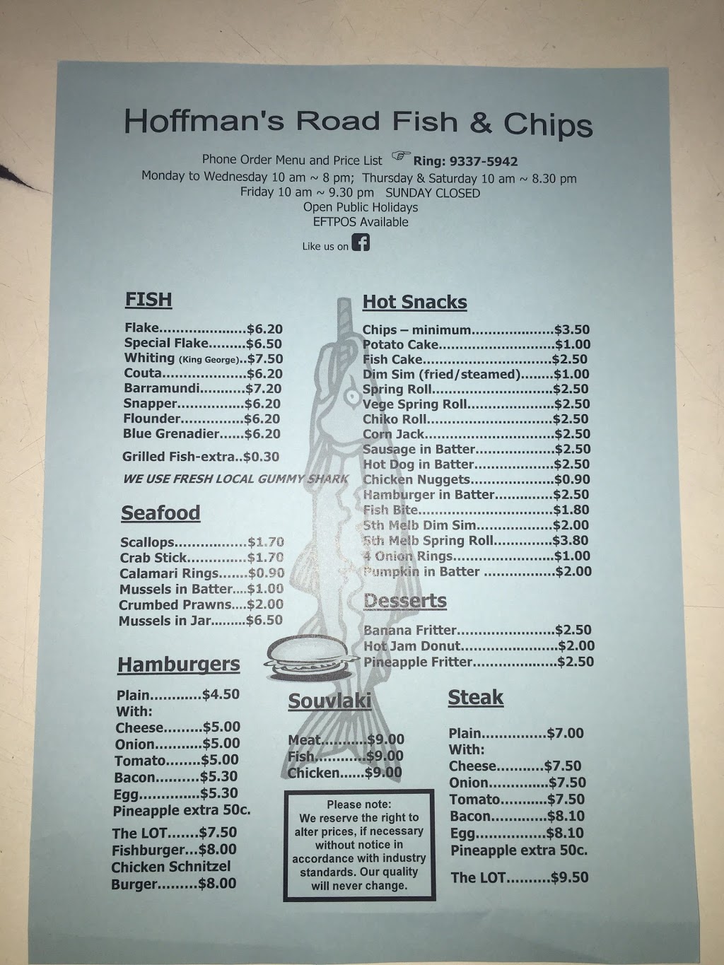 Hoffmans Road Fish & Chips | meal takeaway | 89 Hoffmans Rd, Niddrie VIC 3042, Australia | 0393375942 OR +61 3 9337 5942