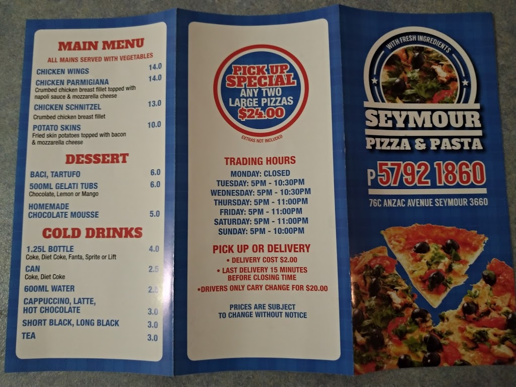 Seymour Pizza & Pasta | meal takeaway | 76C Anzac Ave, Seymour VIC 3660, Australia | 0357921860 OR +61 3 5792 1860