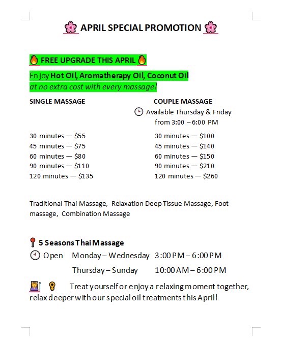 Five Seasons Thai Massage | Unit 4/92 S Gippsland Hwy, Tooradin VIC 3980, Australia | Phone: 0483 851 387