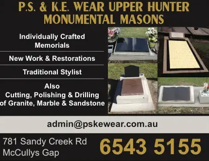 P.S. & K.E. Wear Upper Hunter Monumental Masons | general contractor | 781 Sandy Creek Rd, Mccullys Gap NSW 2333, Australia | 0265435155 OR +61 2 6543 5155