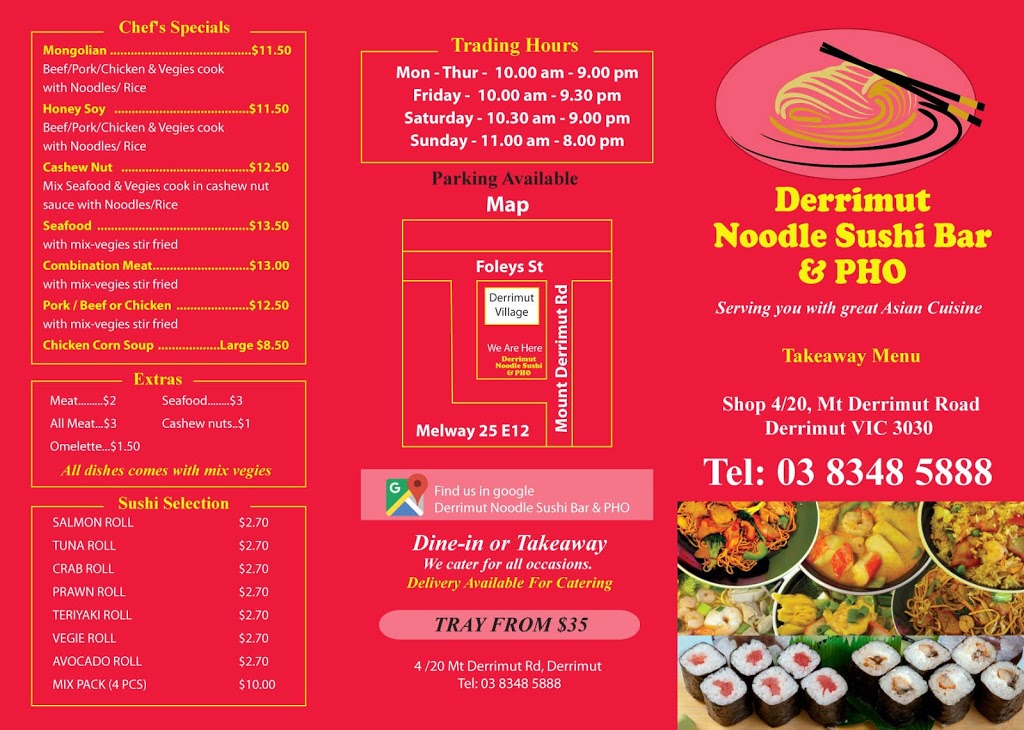 Derrimut Noodle Sushi Bar & Pho | restaurant | 4/20 Mt Derrimut Rd, Derrimut VIC 3030, Australia | 0383485888 OR +61 3 8348 5888