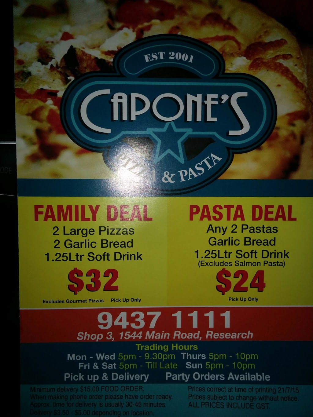 Capones Pizza & Pasta Research | meal takeaway | 1544 Main Rd, Research VIC 3095, Australia | 0394371111 OR +61 3 9437 1111