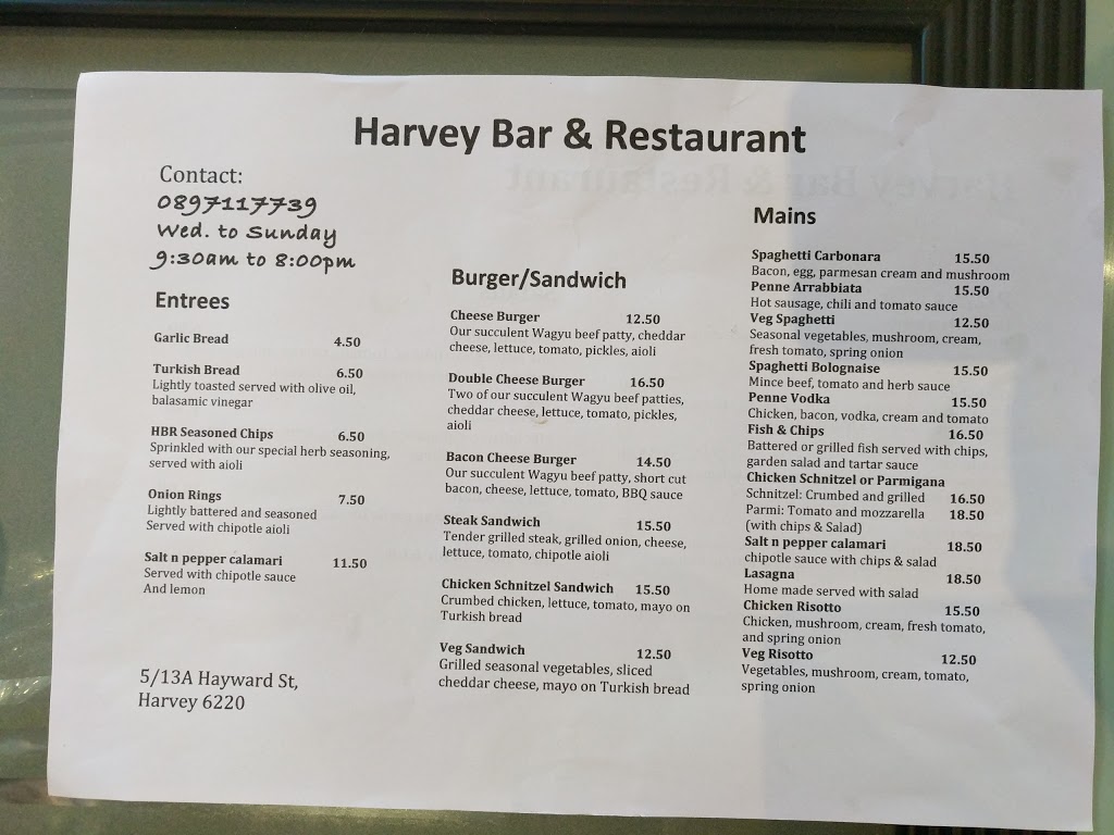 Harvey Bar & Restaurant | restaurant | 9A Hayward St, Harvey WA 6220, Australia | 0897117739 OR +61 8 9711 7739