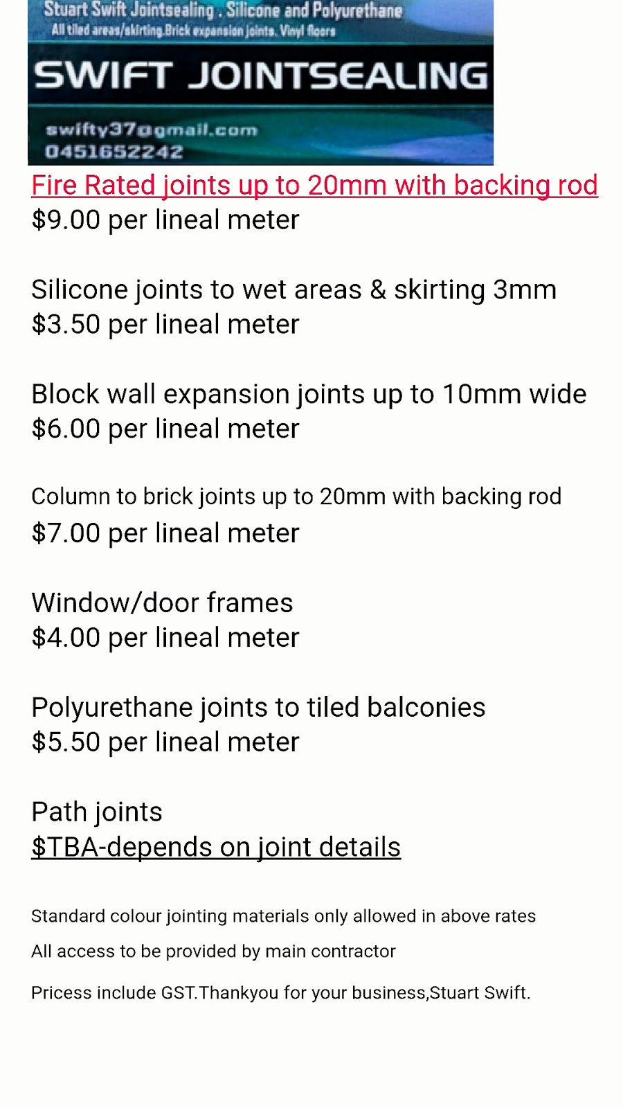Swift Joint sealing | 86 Omiah Way, Piggabeen NSW 2486, Australia | Phone: 0451 652 242