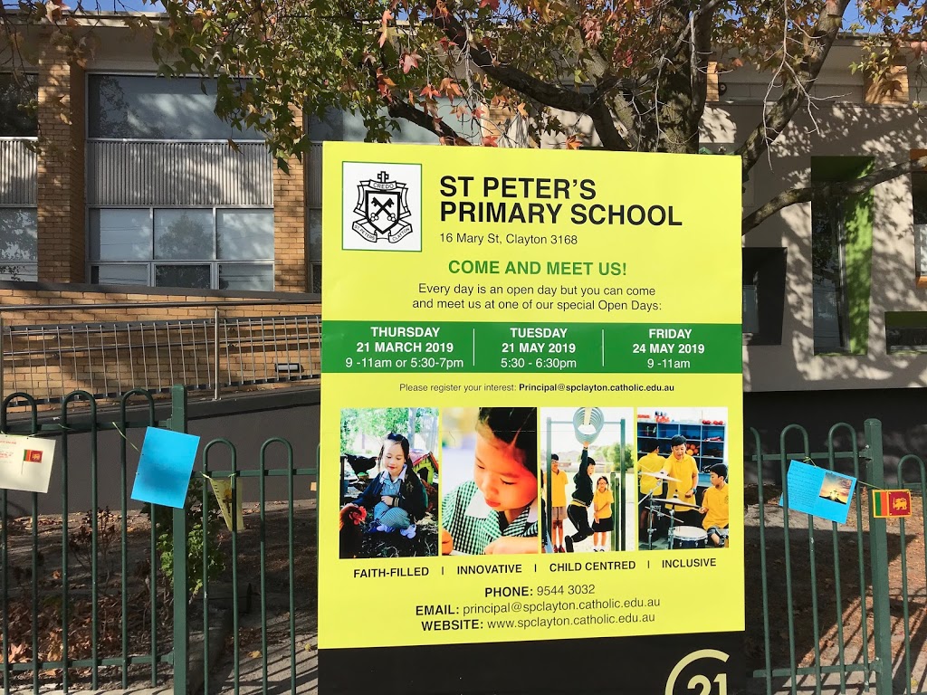 St Peters Primary School | school | 16 Mary St, Clayton VIC 3168, Australia | 0395443032 OR +61 3 9544 3032