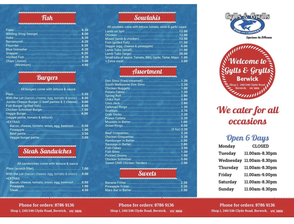 Gylls & Grylls Fish & Chippery Berwick | 1/240-246 Clyde Rd, Berwick VIC 3806, Australia | Phone: (03) 8786 9136