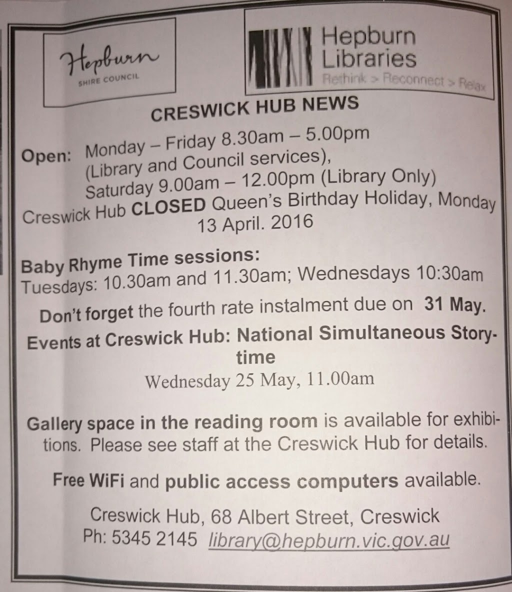 Creswick Hub - Hepburn Libraries & Council Customer Service | library | 68 Albert St, Creswick VIC 3363, Australia | 0353452145 OR +61 3 5345 2145