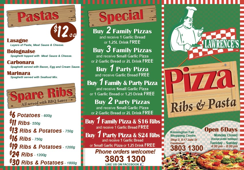 Lawrences Pizza | restaurant | 3/5-11 Julie St, Crestmead QLD 4132, Australia | 0738031300 OR +61 7 3803 1300