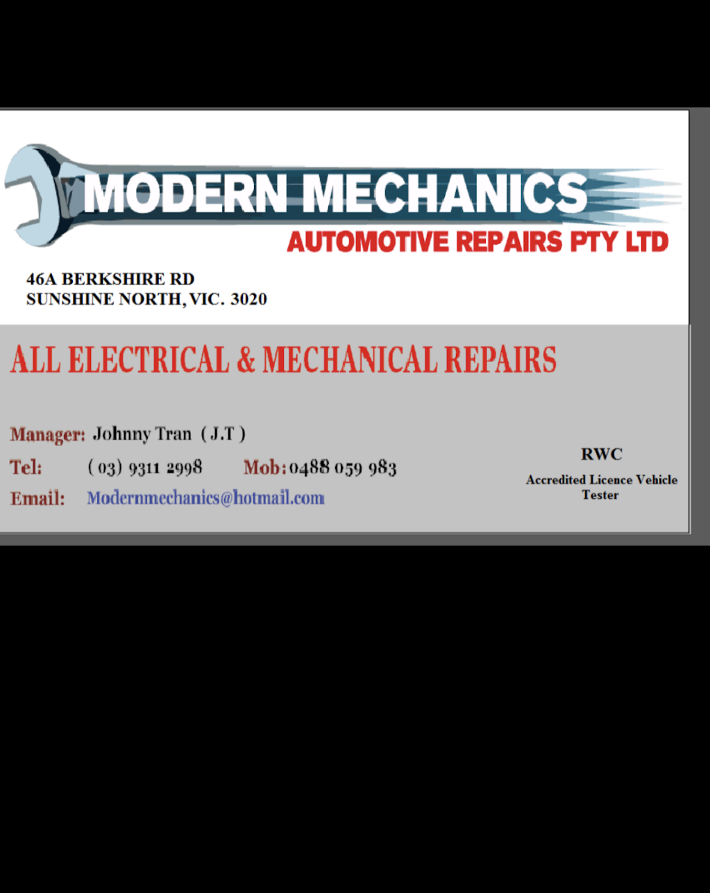 Modern Mechanics Automotive Repairs Pty Ltd | car repair | 46A Berkshire Rd, Sunshine North VIC 3020, Australia | 0393112998 OR +61 3 9311 2998