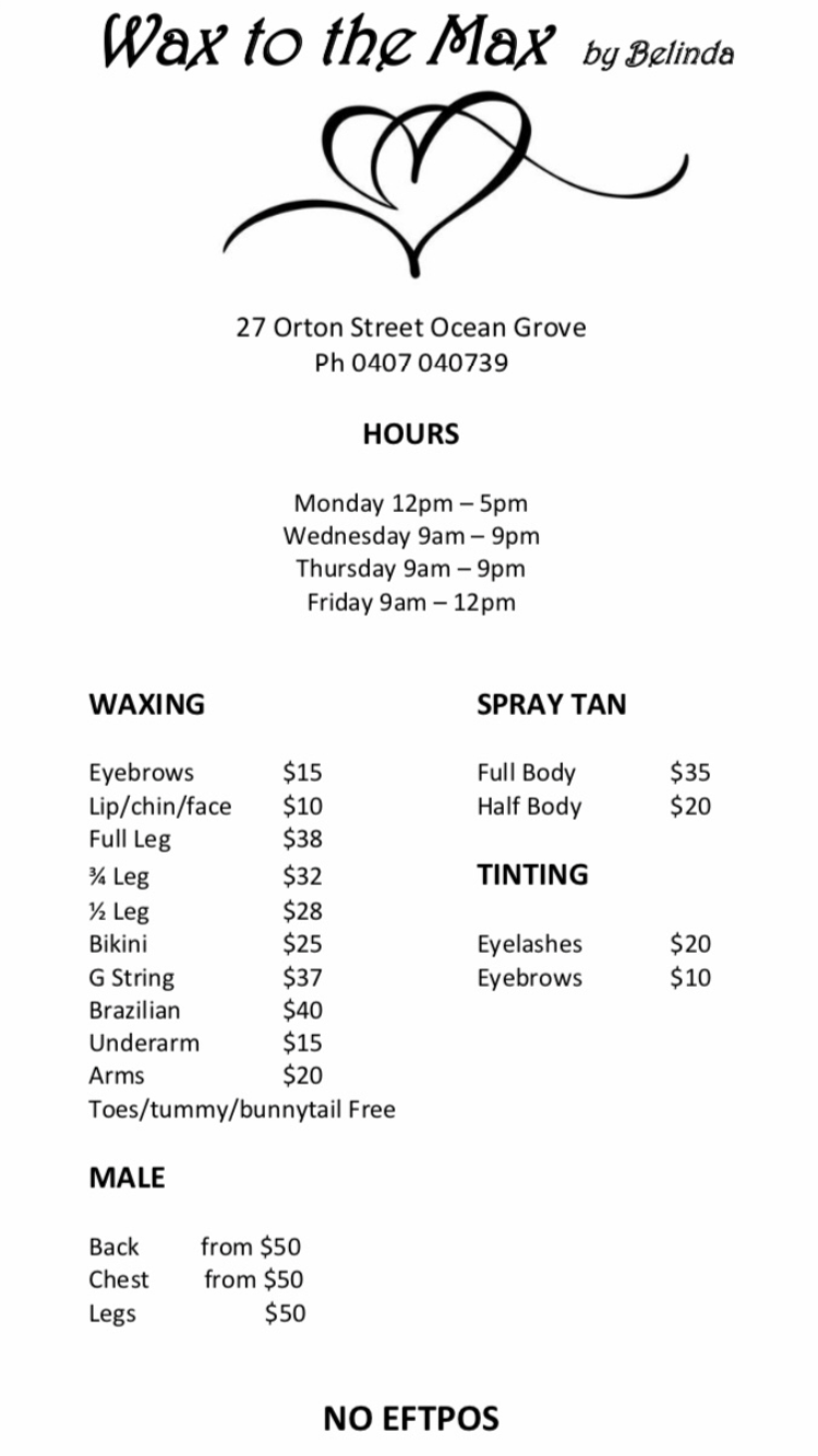 Wax to the Max | beauty salon | 27 Orton St, Ocean Grove VIC 3226, Australia | 0407040739 OR +61 407 040 739