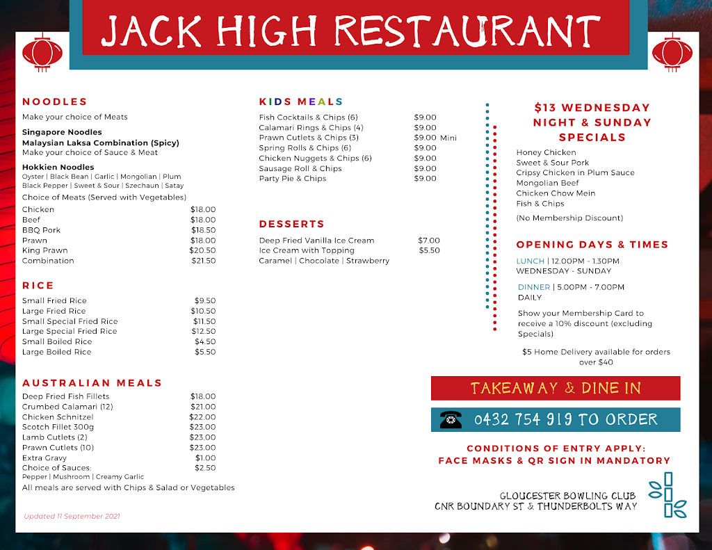 Jack High Asian Restaurant | restaurant | Boundary St, Gloucester NSW 2422, Australia | 0432754919 OR +61 432 754 919