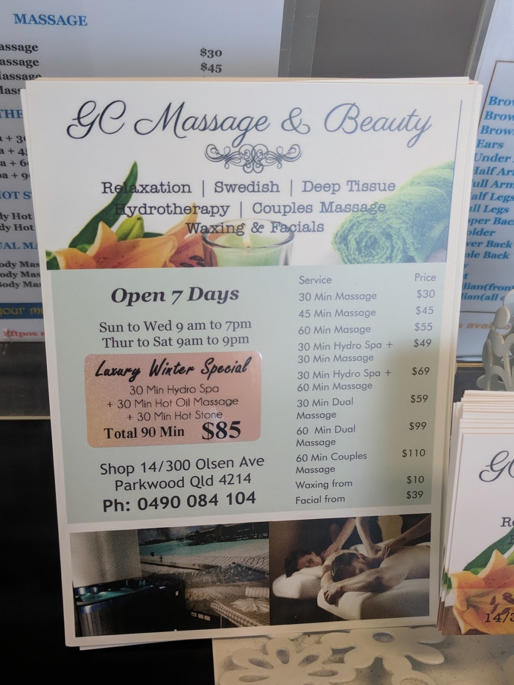 GC Massage and Beauty | spa | Shop 14/300 Olsen Ave, Parkwood QLD 4214, Australia | 0490084104 OR +61 490 084 104