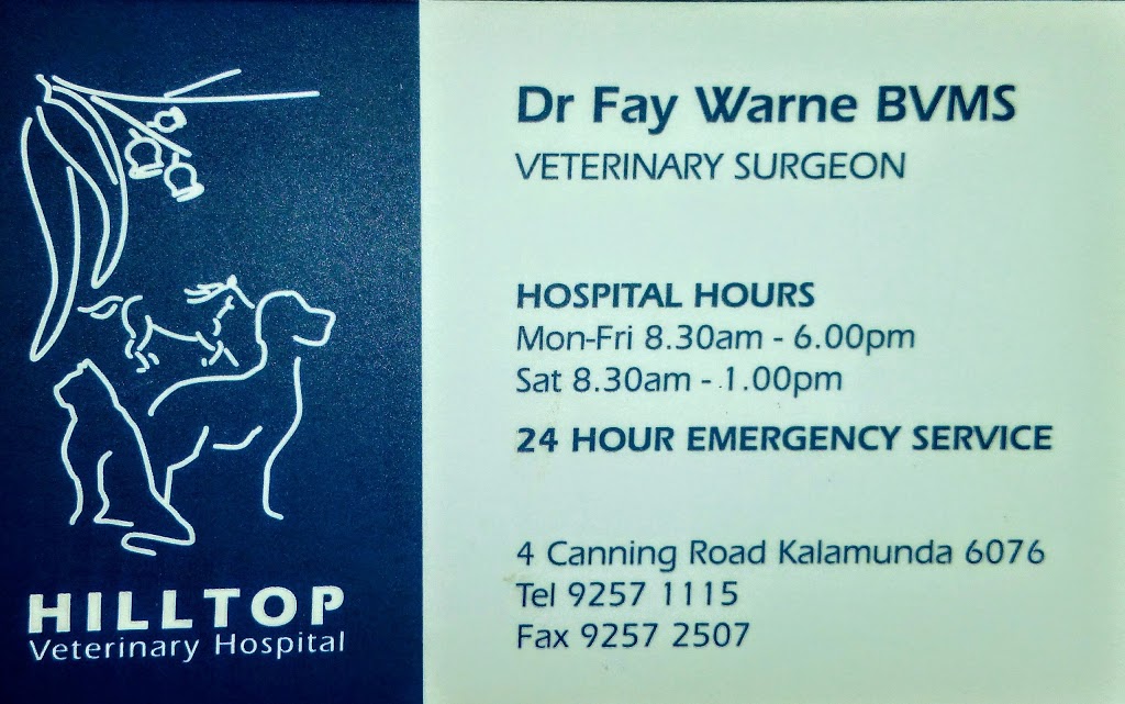 Hilltop Veterinary Hospital | veterinary care | Units 6-8/4 Canning Rd, Kalamunda WA 6076, Australia | 0892571115 OR +61 8 9257 1115