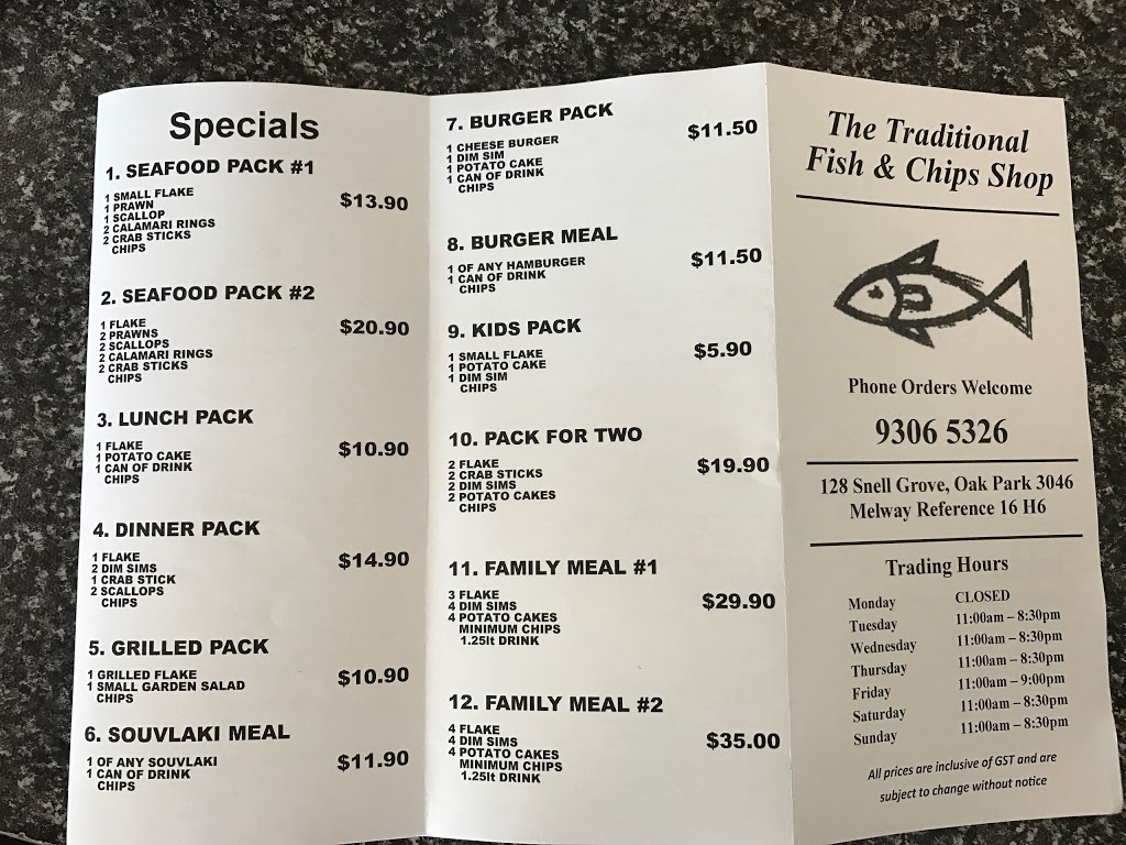 The Traditional Fish & Chips Shop | restaurant | 128 Snell Grove, Oak Park VIC 3046, Australia | 0393065326 OR +61 3 9306 5326