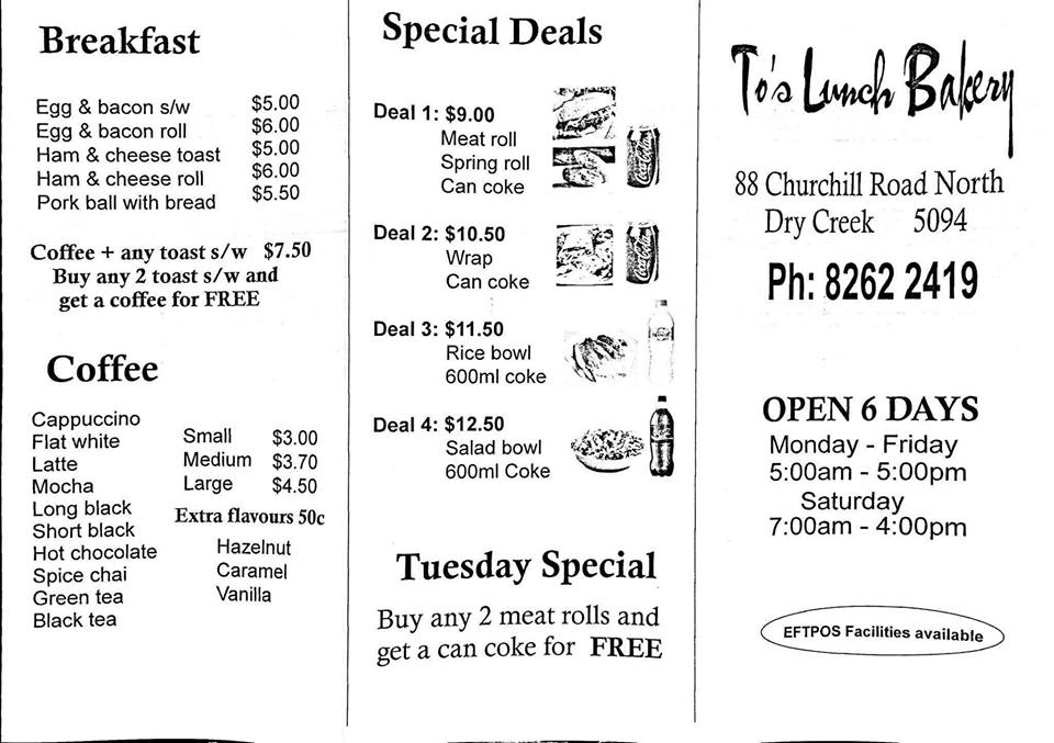 Tos Lunch Bakery | cafe | 88 Churchill Rd N, Dry Creek SA 5094, Australia | 0882622419 OR +61 8 8262 2419