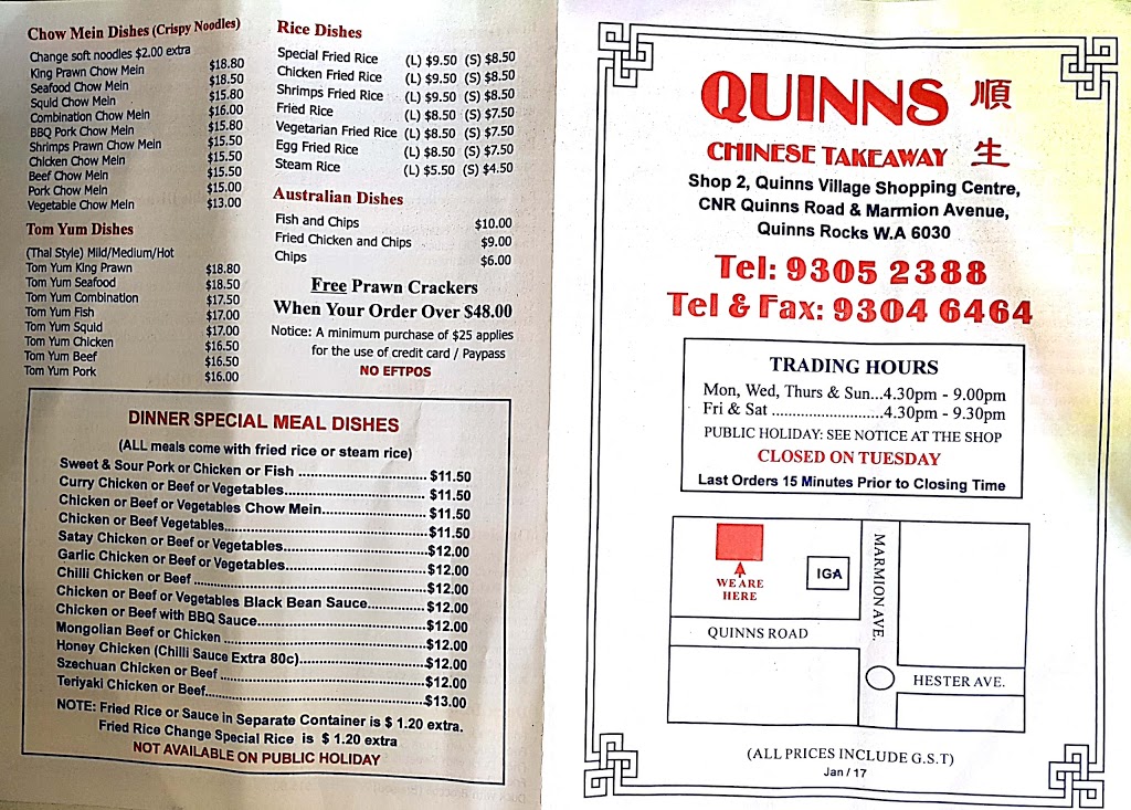 Quinns Chinese Takeaway | restaurant | Quinns Village Shopping Centre, Shop 2/121 Quinns Rd, Quinns Rocks WA 6030, Australia | 0893052388 OR +61 8 9305 2388