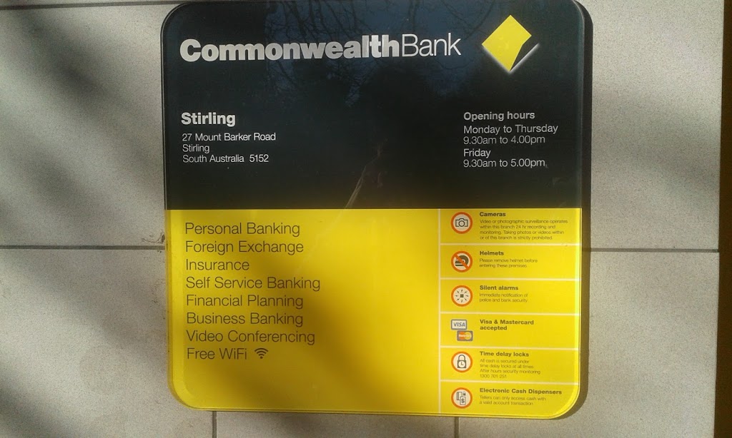 Commonwealth Bank | bank | 27 Mount Barker Rd, Stirling SA 5152, Australia | 0883394044 OR +61 8 8339 4044
