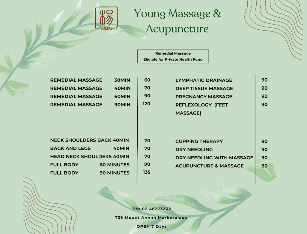 Young massage & Acupuncture | Marketplace, T39/11-13 Main St, Mount Annan NSW 2567, Australia | Phone: (02) 4627 3202