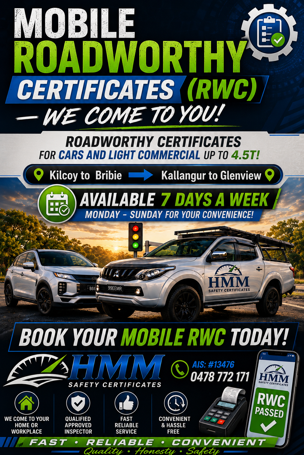 HMM Safety Certificates - Mobile Roadworthy Inspections | 133-135 Bleakley Rd, Delaneys Creek QLD 4514, Australia | Phone: 0478 772 171