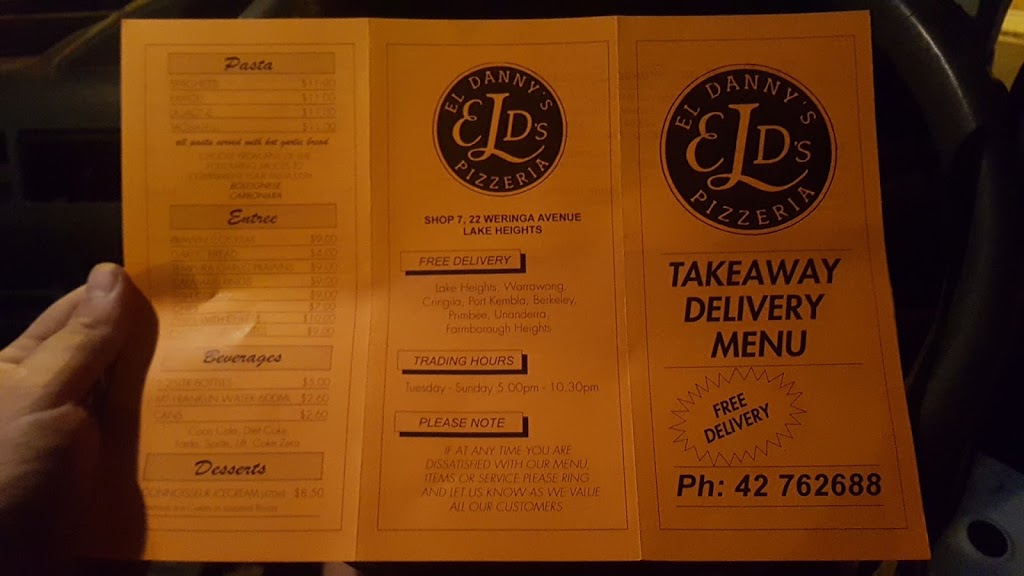 El Dannys Pizza | meal takeaway | 22 Weringa Ave, Lake Heights NSW 2502, Australia | 0242762688 OR +61 2 4276 2688
