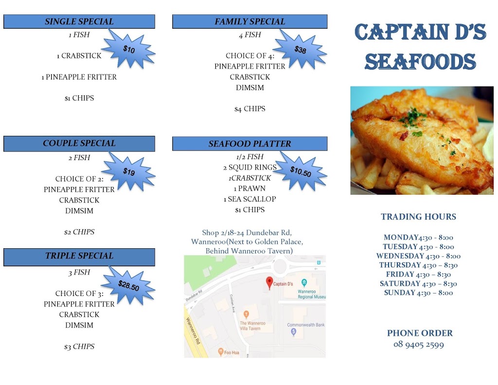 Captain Ds Seafood | restaurant | shop 2/18-24 Dundebar Rd, Wanneroo WA 6065, Australia | 0894052599 OR +61 8 9405 2599
