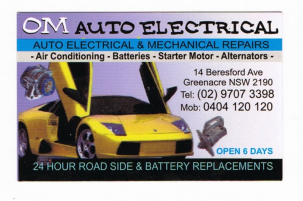 OM Auto Electrical | car repair | 14 Beresford Ave, Greenacre NSW 2190, Australia | 0404120120 OR +61 404 120 120