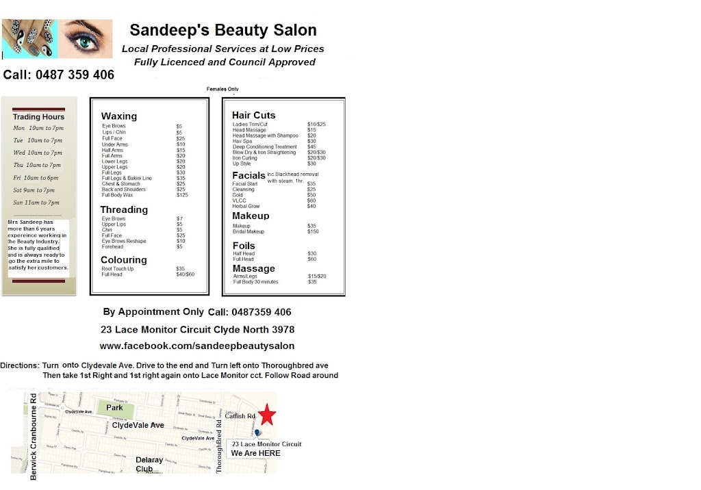 Sandeeps Beauty Salon | beauty salon | 23 Lace Monitor Cct, Clyde North VIC 3978, Australia | 0487359406 OR +61 487 359 406