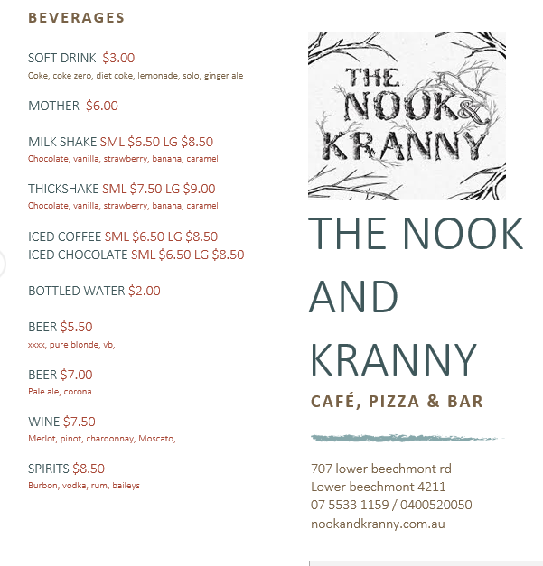 The Nook and kranny cafe,Pizza & bar | cafe | 707 Beechmont Rd, Lower Beechmont QLD 4211, Australia | 0755331159 OR +61 7 5533 1159