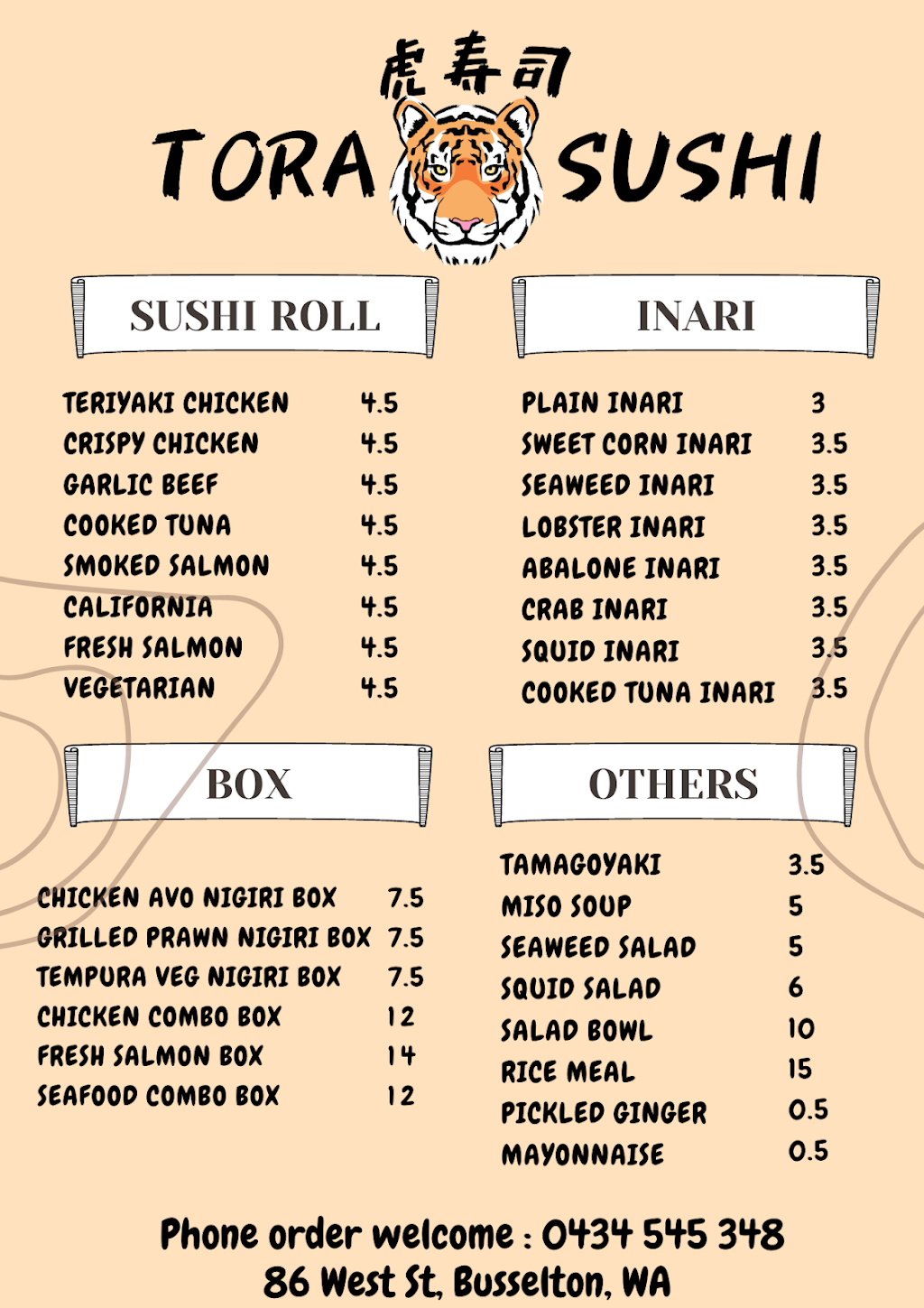 Tora Sushi | meal takeaway | 86 West St, Busselton WA 6280, Australia | 0434545348 OR +61 434 545 348