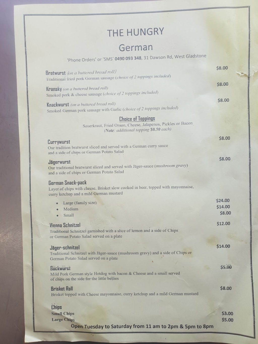 The Hungry German | restaurant | 72 Goondoon St, Gladstone Central QLD 4680, Australia | 0490093348 OR +61 490 093 348